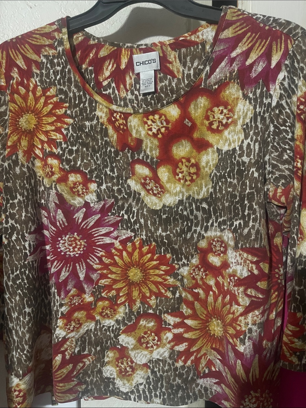 Chico's Brown Floral Long Sleeve Tee with Red and Yellow Accents